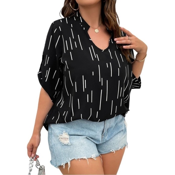 Women’s Plus Size Black Geometric Striped Roll Tab Sleeve Popover Blouse Top - Picture 8 of 10